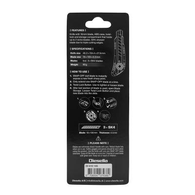 Kniv med 18 mm knivblad, skruelås og magasin med 2 ekstra knivblade